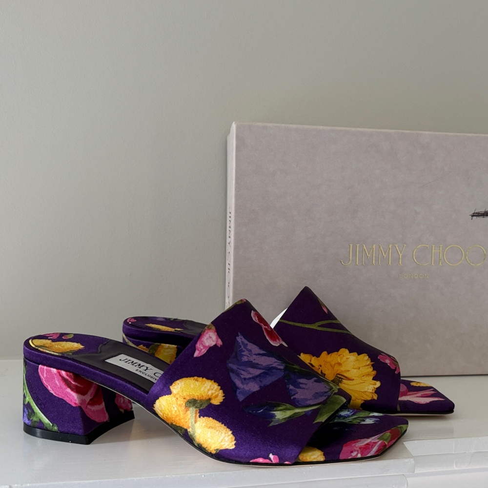 Jimmy Choo Purple Floral Bow Slide Sandals with Yellow & Pink Accents - Picture 2 of 9